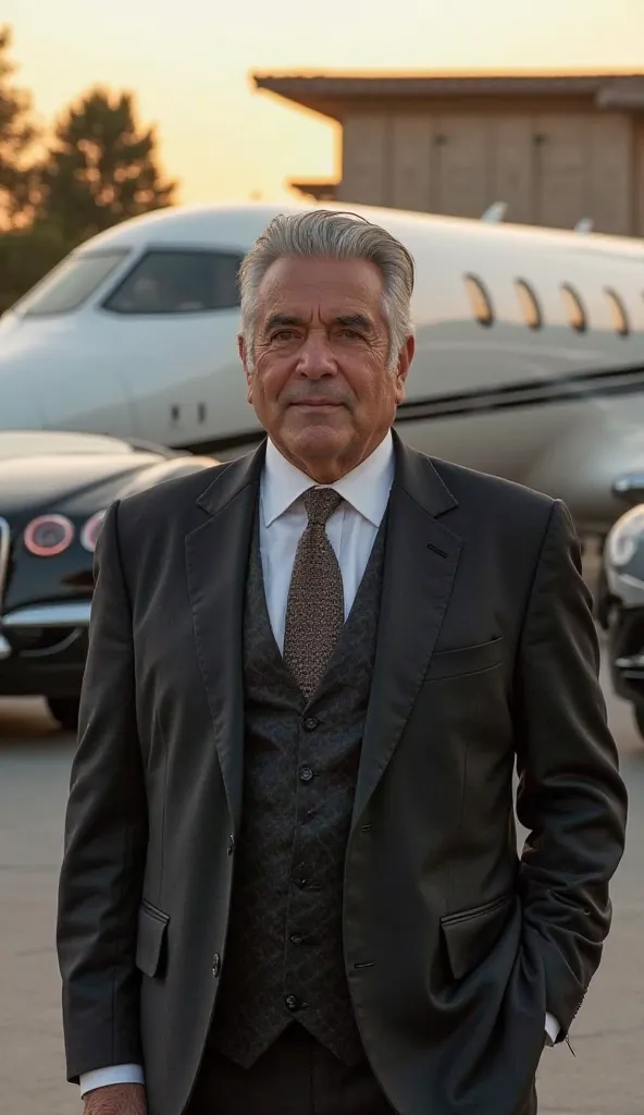 "Musa Bin Shamsher, an elegant elderly man with neatly combed hair, wearing a luxurious suit, standing confidently next to a private jet. The background shows a lavish mansion and expensive cars. High-resolution photography, corporate atmosphere, sharp lig...