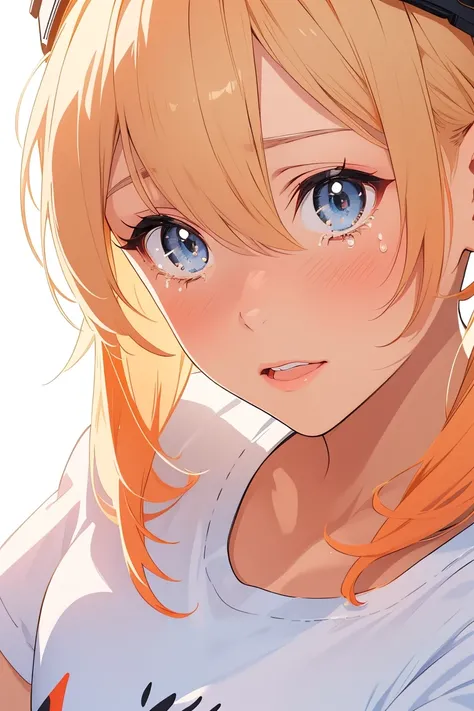 Visual anime of a cute girl ,  best anime girl ,  naughty anime style , Attractive Woman, big ,Two blonde tails,detailed eyes and face,Detailed Lips,Beautiful attention to detail,White visor cap included, white miniskirt ,Wearing white T-shirt,She is weari...