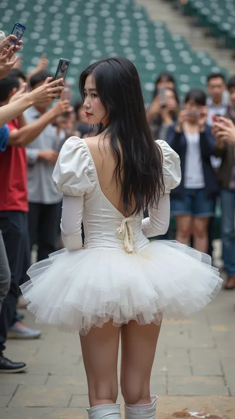  multiple fans take pictures with iPhones ,angle from back,full body,19-year-old Japanese woman who bends forward and sticks out her butt to excrete large amounts of feces,A large amount of brown liquid adhering to the tutu,(Stool stained tutu and butt),ja...