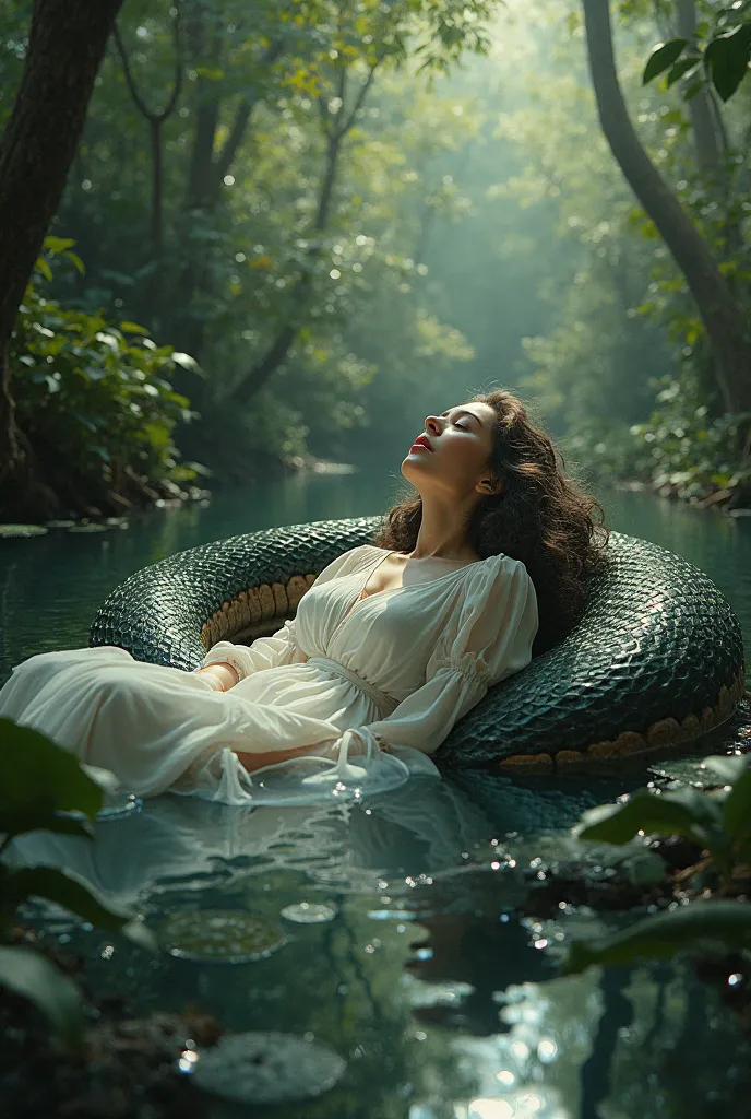 a beautiful lady is lay down and singing on the big beautiful anaconda snake. the snake is ring on the water and the background is in the forest. the snake's head overhead on the lady