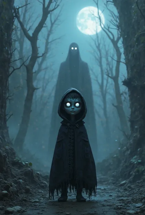 "A highly detailed 3D digital illustration of a dark animated character standing in a haunted, eerie environment. The character has sharp, exaggerated features, glowing eyes, and a shadowy presence, dressed in a gothic-style cloak with intricate dark patte...