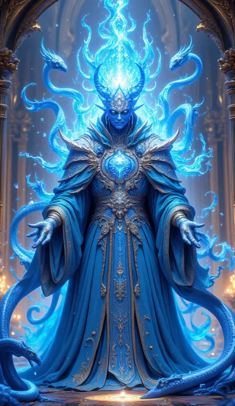 Masterpiece, very realistic, 8k Ultra HD, A cunning ruler in silver and blue robes, with an ever-changing mask reflecting his dual nature. His twin serpentine guardians, one of shadow and one of light, coil around him. His kingdom is a city of floating tow...