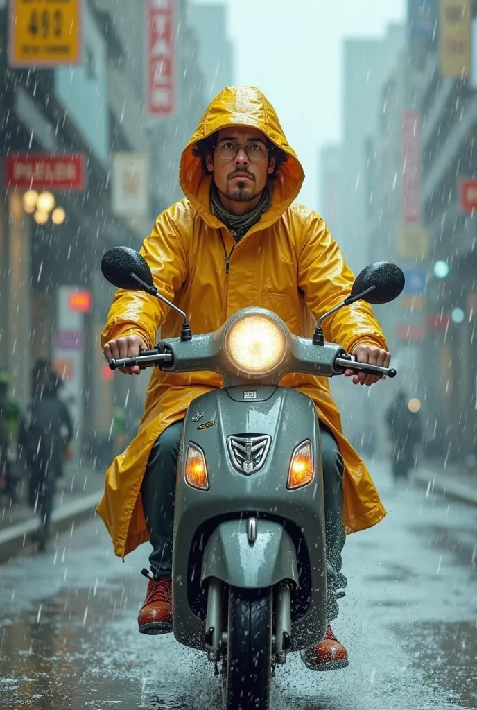 Prompt: "A cartoon delivery rider in a yellow raincoat, riding a scooter through heavy rain while trying to keep a package dry. Raindrops splash, and the character has a focused but slightly annoyed expression."