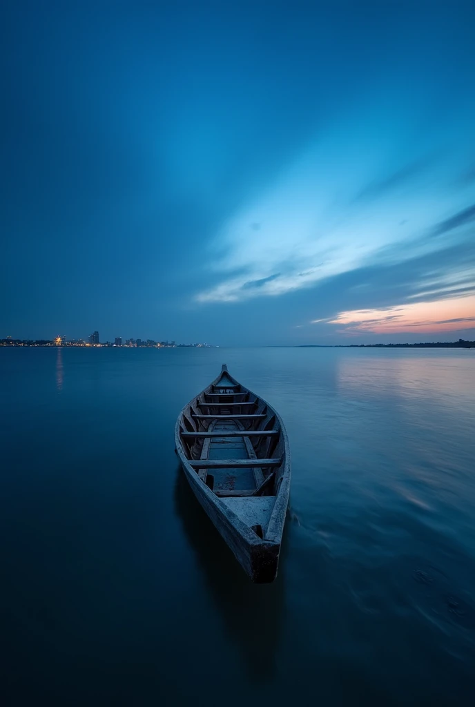 "A dramatic wide-angle shot of the Lagos Lagoon before sunrise. The sky is a deep blue with hints of orange at the horizon. Gentle waves lap against a wooden canoe floating alone. In the distance, faint city lights of Lagos twinkle. The scene feels quiet b...