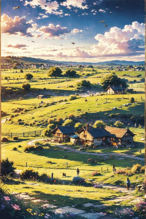  ren flying kites in the evening,  Detailed Clouds , Field,  cows grazing , flower, House in the distance ,  fence