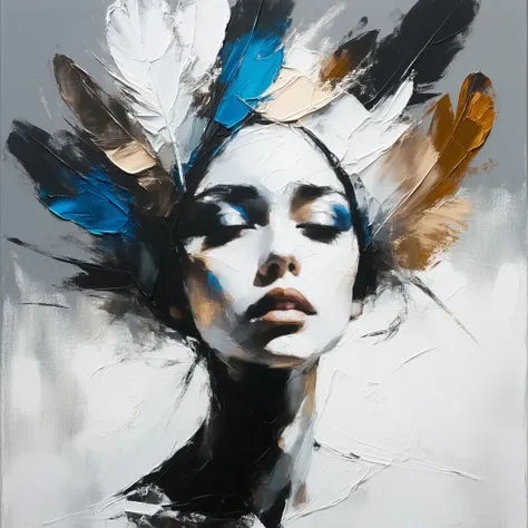 A portrait of a girl with soft textured feathers on her head, oil painting, rough sketch style, pose from head to shoulders, abstract oil painting, rough sketch-like touch, remaining thick brushstroke texture, light from the upper left, neo-expressionism, ...