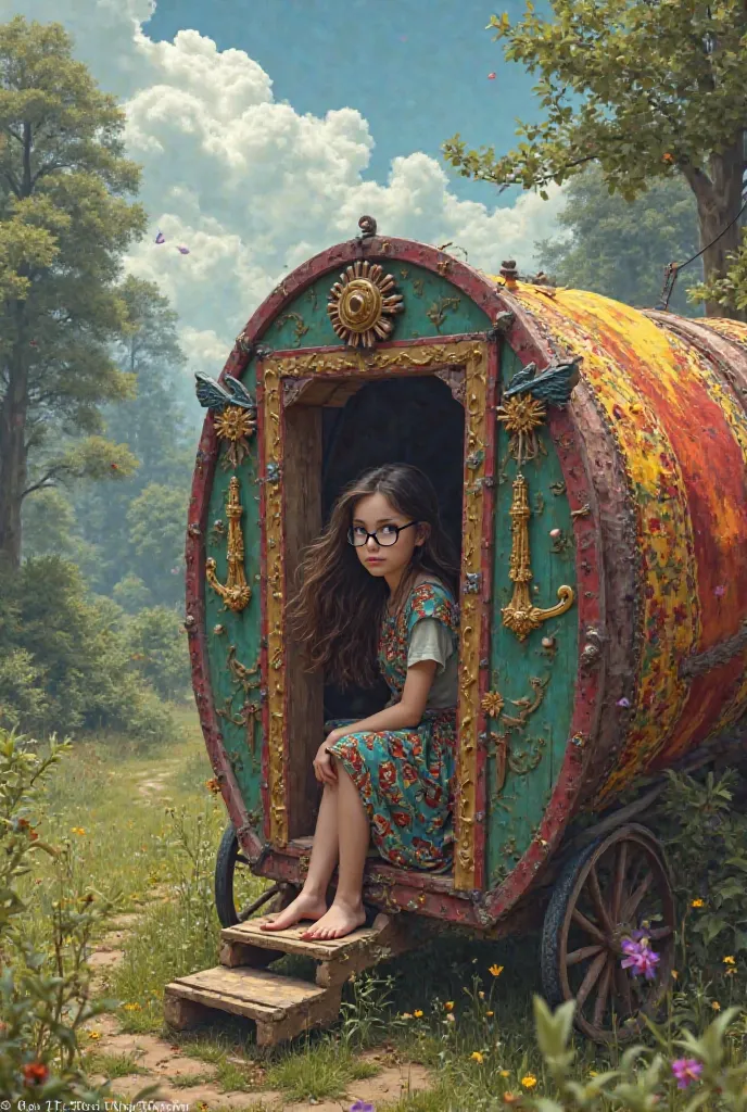 A gypsy caravan in the wild a a brunette girl with black glasses 