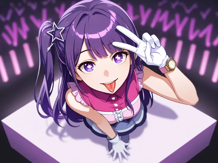 star野愛, gloves, tongue sticking out, tongue, long hair, star (  symbol ),  watch viewer , (purple hair: 1.2), purple eyes, upper body, hair ornaments close to the garden, Raffles , pink  shirt, smile, sleeveless,  shirt, idol,   symbol  shaped pupil, raise...