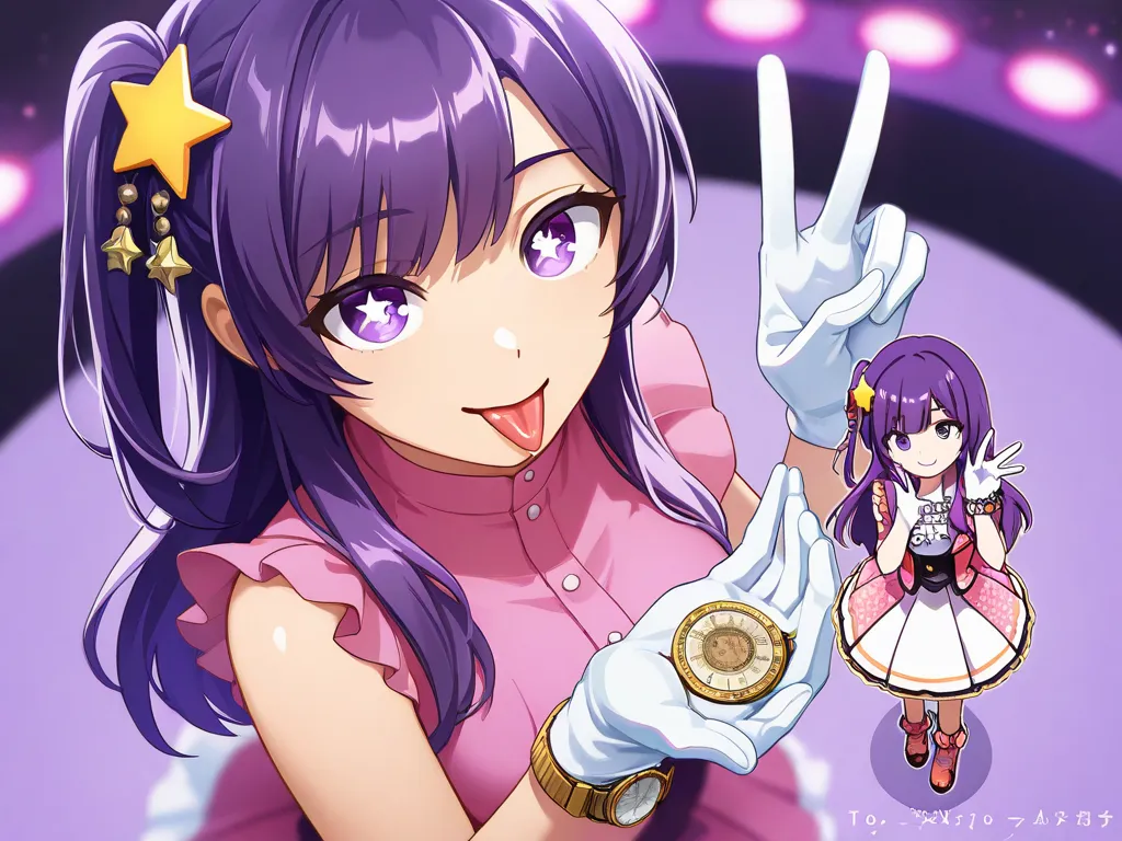 star野愛, gloves, tongue sticking out, tongue, long hair, star (  symbol ),  watch viewer , (purple hair: 1.2), purple eyes, upper body, hair ornaments close to the garden, Raffles , pink  shirt, smile, sleeveless,  shirt, idol,   symbol  shaped pupil, raise...