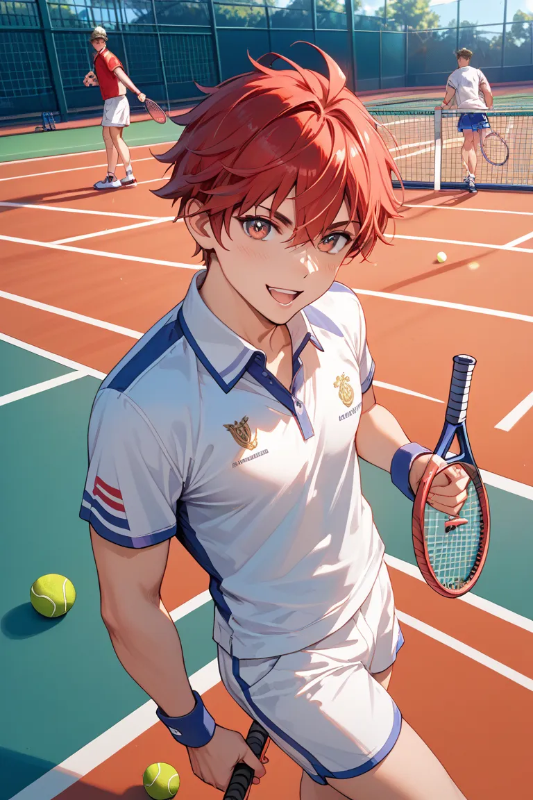 tennis court、Victory、Male college students、joy、赤い髪