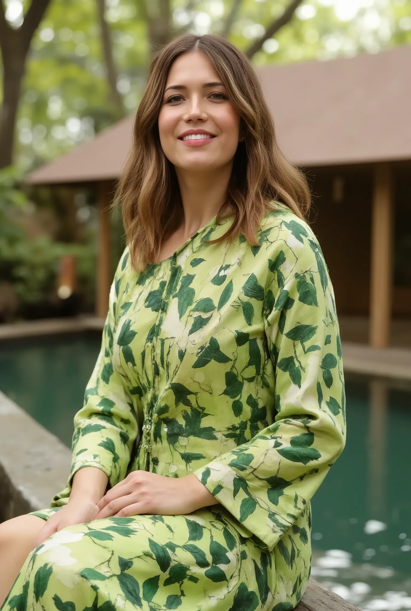 best quality, highres, 8k, masterpiece, photography, detailed midbody photorealistic portrait. Mandy Moore wears a green yukata featuring hand-painted lotus motifs, symbolizing purity and spiritual growth. The fabric is light and comfortable, with subtle g...