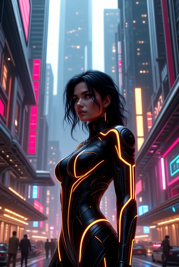 realistic image of a woman in futuristic bodysuit mad-cyberspace city, (neon yellow outline:1.4) 