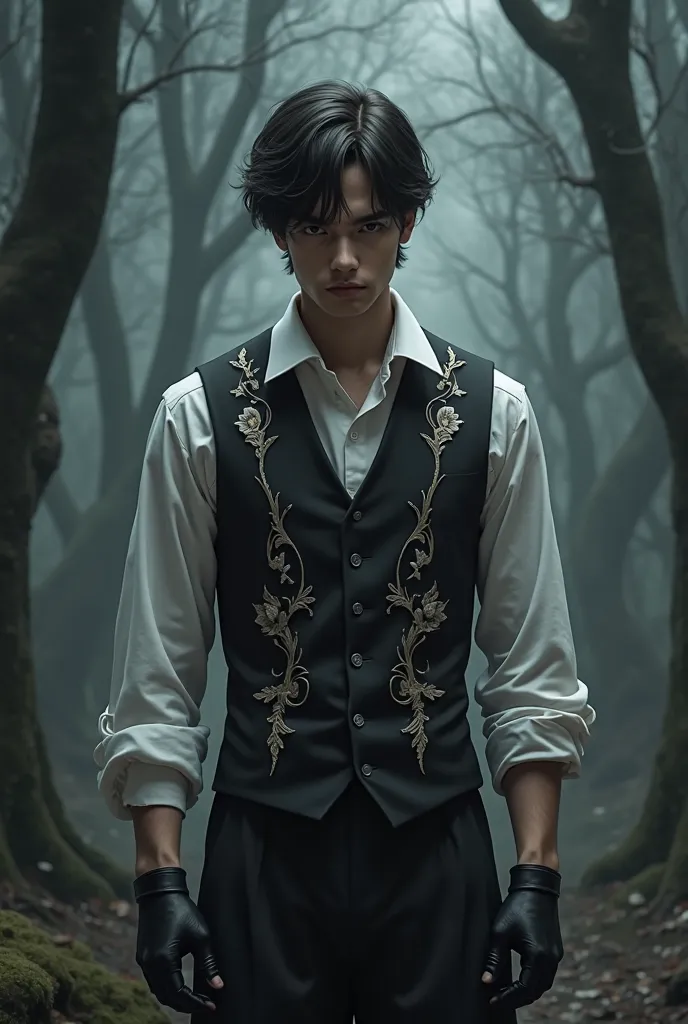 Young 25yo, dark short hair, Hairstyle, white shirt, dark vest with embroidery, black gloves, rings. Defeated pose, dark forest background