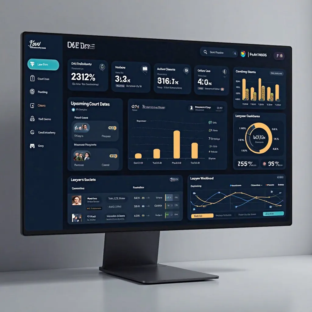 
"A modern, professional law firm management dashboard displayed on a high-resolution computer screen. The dashboard has a sleek, dark-themed background with vibrant accent colors (blue, gold, and white) for high contrast. It features key performance indic...