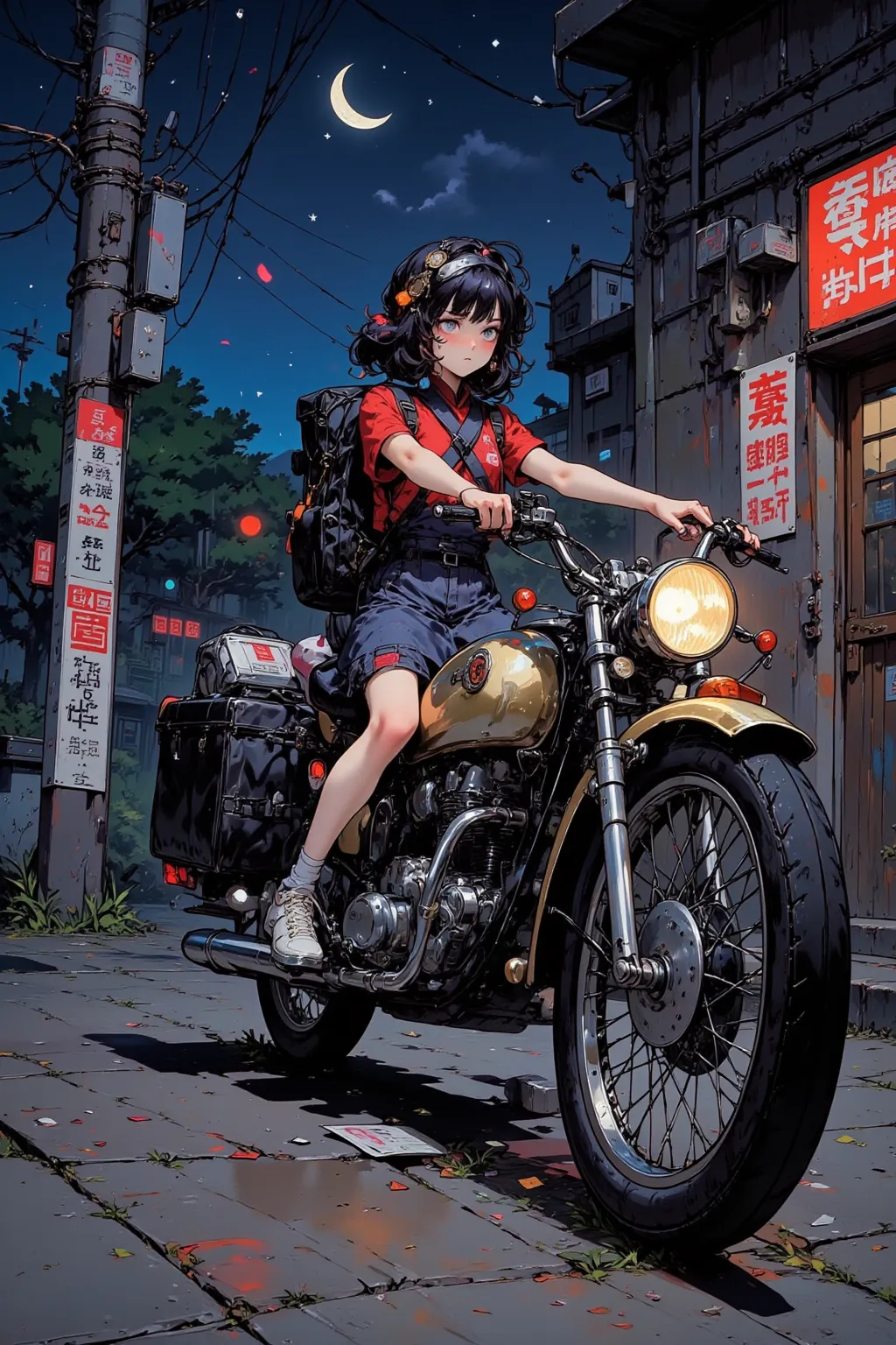 A girl straddling a motorcycle and looking back at us, Street Corner in a Japanese Suburb, Motorcycle bed light clearly on the night of the crescent moon, Very big backpack, Move at night, Luxurious Fabrics, Details, full color illustrations, Fantastic pai...