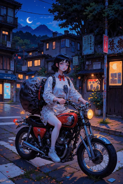 A girl straddling a motorcycle and looking back at us, Street Corner in a Japanese Suburb, Motorcycle bed light clearly on the night of the crescent moon, Very big backpack, Move at night, Luxurious Fabrics, Details, full color illustrations, Fantastic pai...