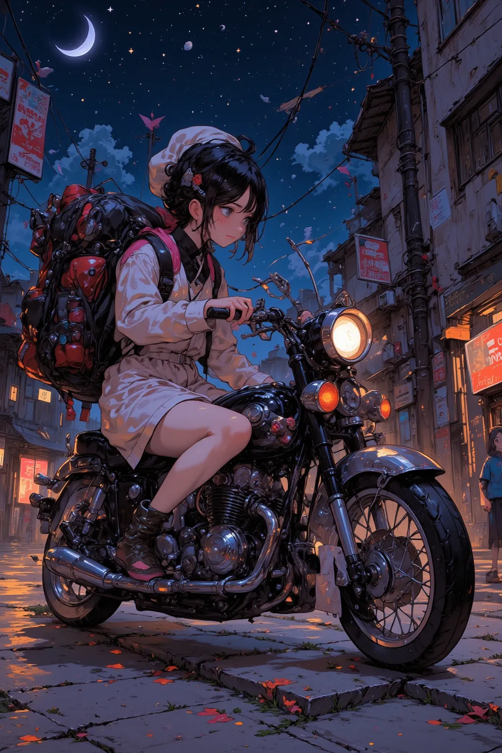 A girl straddling a motorcycle and looking back at us, Street Corner in a Japanese Suburb, Motorcycle bed light clearly on the night of the crescent moon, Very big backpack, Move at night, Luxurious Fabrics, Details, full color illustrations, Fantastic pai...