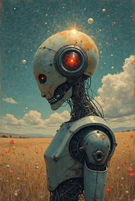 Une image pour un album musique qui s’appelle Mauvaise Fréquence . Le nom de l’artiste R-Bot . Je veut une image d’un robot triste qui se prend la tête avec la planète derrière lui et les humains qui cours vers la fin du monde.  Avec le nom de l’album 