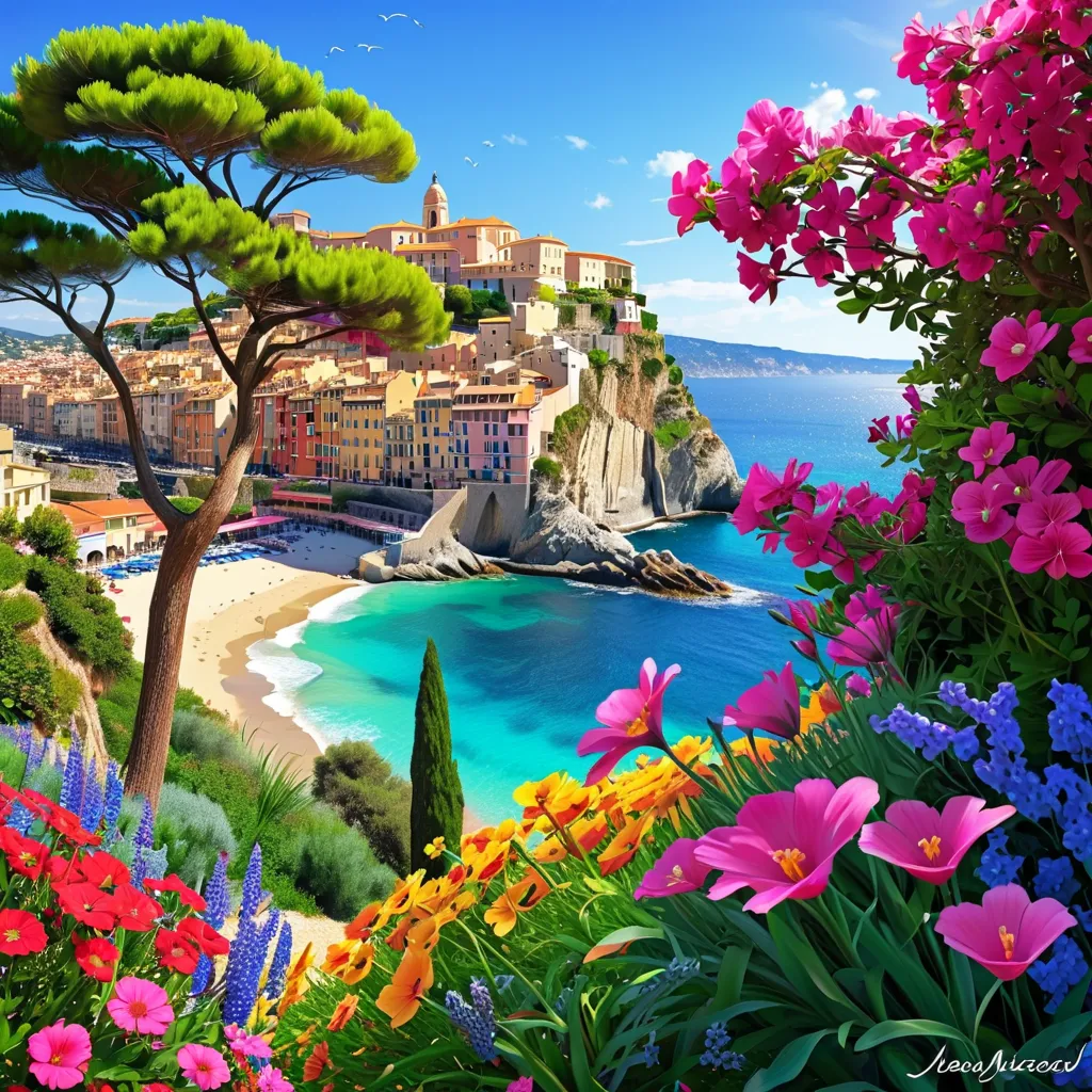 Nice, France, 
Beautiful sea in Nice,
Brightly colored and dazzling flowers, 
beautiful nature and cityscape, 
beautiful flowers, 
Clear skies, 
NICE morning, 
beautiful digital art, 
adorable digital painting, 
beautiful digital artwork, 
very beautiful d...