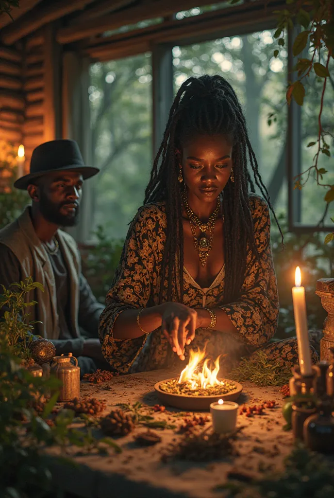 An African witch in her wooden cabin preparing a potion in front of her is a handsome man