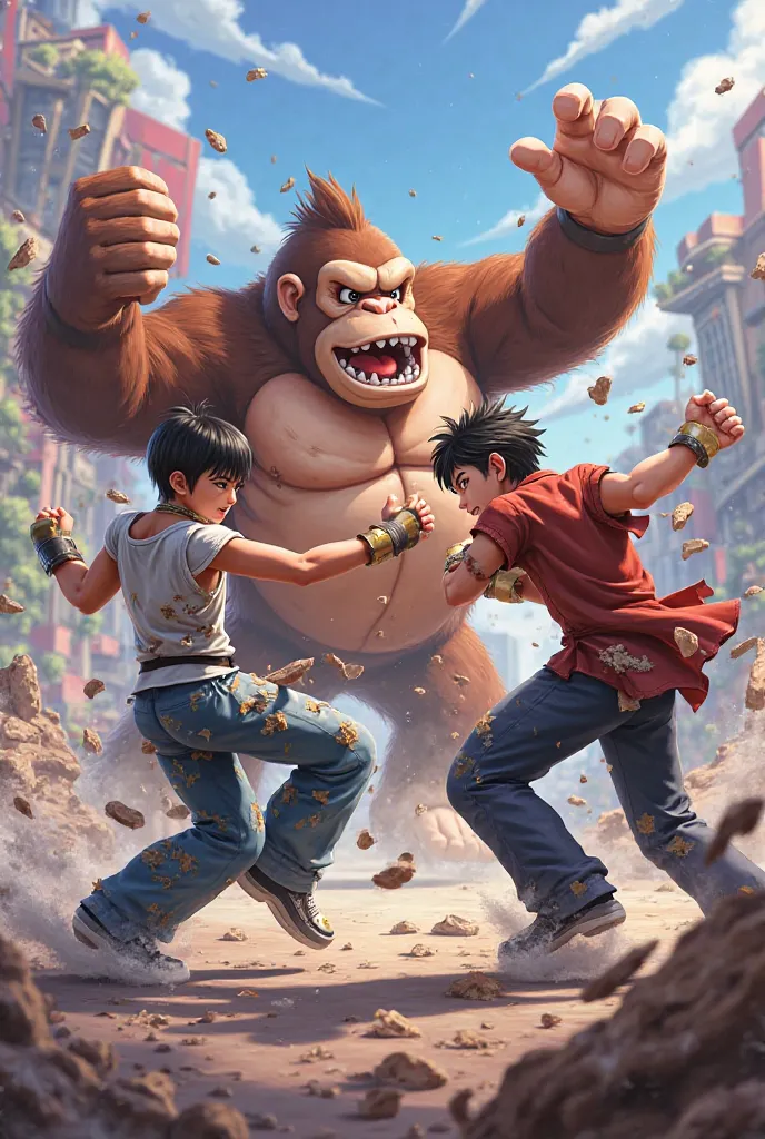 Kazuya y Terry de Super Smash Bros. Ultimate      destrozando a donkey kong de Super Smash Bros. Ultimate