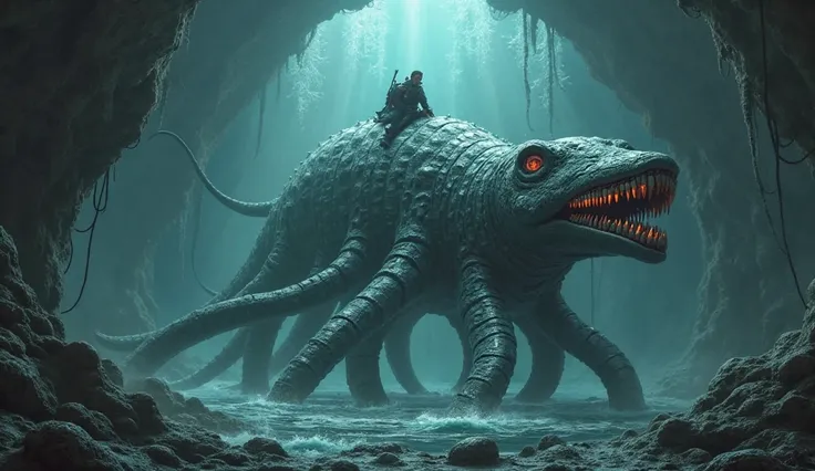 Draw me the autarka of a huge squid with a long body with a frightening view from the ARK game: Survival Ascended with a rider on it against the background of a cave in the ocean 