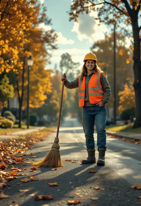 Girl in Work Uniform, Construction Vest Robot, from Light with reflective stripes, smile, broom in hand, Sweeps picking up small dust, jeans, beautiful hat, background street , trees, falling leaves on the asphalt path, Beautiful Autumn Day, Beautiful l...