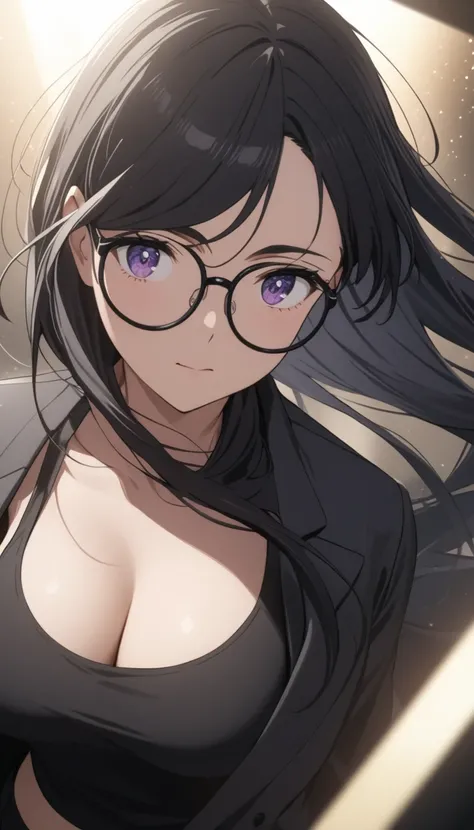 \(Summertime Rendering, Hizuru Minakata\), A beautiful anime-style woman with long flowing shiny black hair, purple eyes, perfect facial symmetry, breasts, wearing a black jacket, black tank top, black trousers, suit, glasses, black rim glasses, high quali...