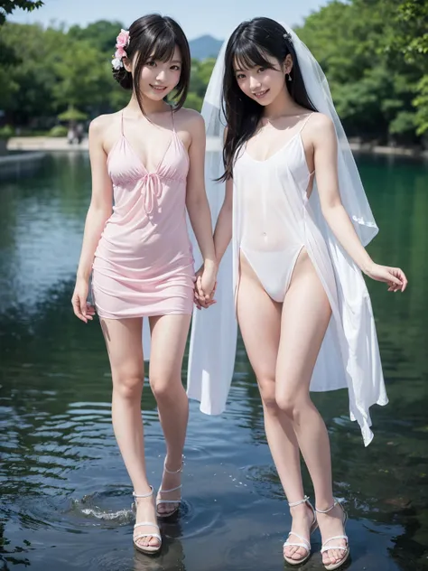 2 beautiful young Japanese women.  A beautiful young Japanese woman in a dress, completely transparent except for the black, designed to look like thin ink dripping into water over a completely naked body.
Black high-heeled sandals. Black veil. A young Jap...