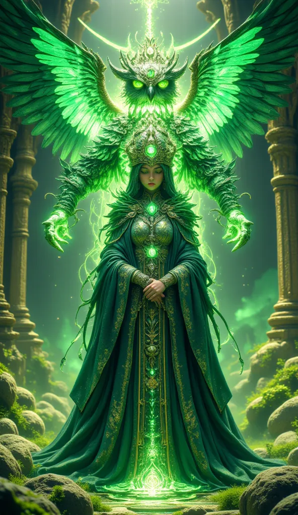 Masterpiece, very realistic, 8k Ultra HD, A wise queen in silver and green, with a tiara of crystal vines. Her guardian, a towering celestial owl with glowing runes on its feathers, watches over her. Her kingdom is a hidden utopia of ancient knowledge and ...