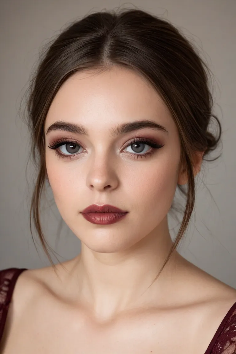 Smokey eyeshadow, light burgundy lipstick, short light burgundy hair, oval and slightly elongated face, fair skin, big black eyes, big lips, small nose