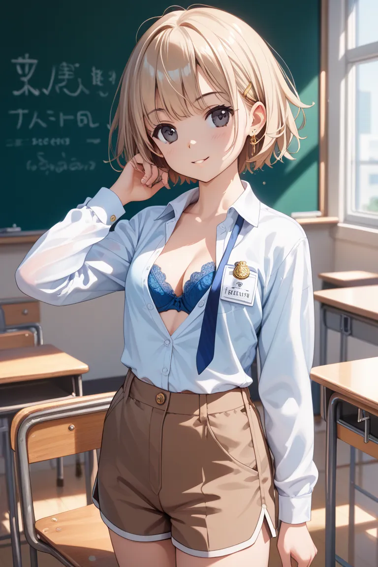 Flip through junior high school uniforms and show off blue bras、The pants are for short volleyball and are brown、The color of the hair is short、Eye color: black、classroom