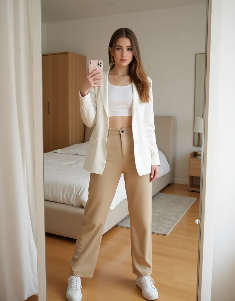 Full-body mirror selfie of Eden in her modern bedroom, capturing her stylish outfit of the day. She wears high-waisted beige trousers, a fitted white crop top, and a chic oversized blazer, paired with white sneakers. She holds her iPhone 16 Pro Max with on...