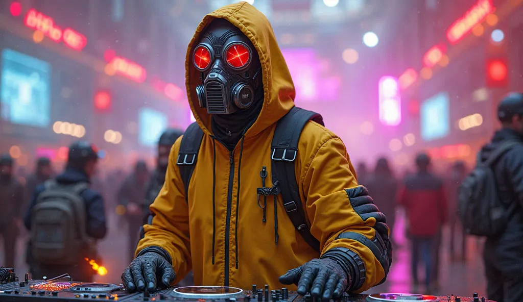 boy with yellow hoodie touching dj, headphones, Star-lord helmet in the head, gas helmet, covered mouth, round red eyes, Covered face, Rocket boots, fire under shoes Dj, festival, full body, solo, 1 person, black gloves, neon lights,detailed masks, pells o...