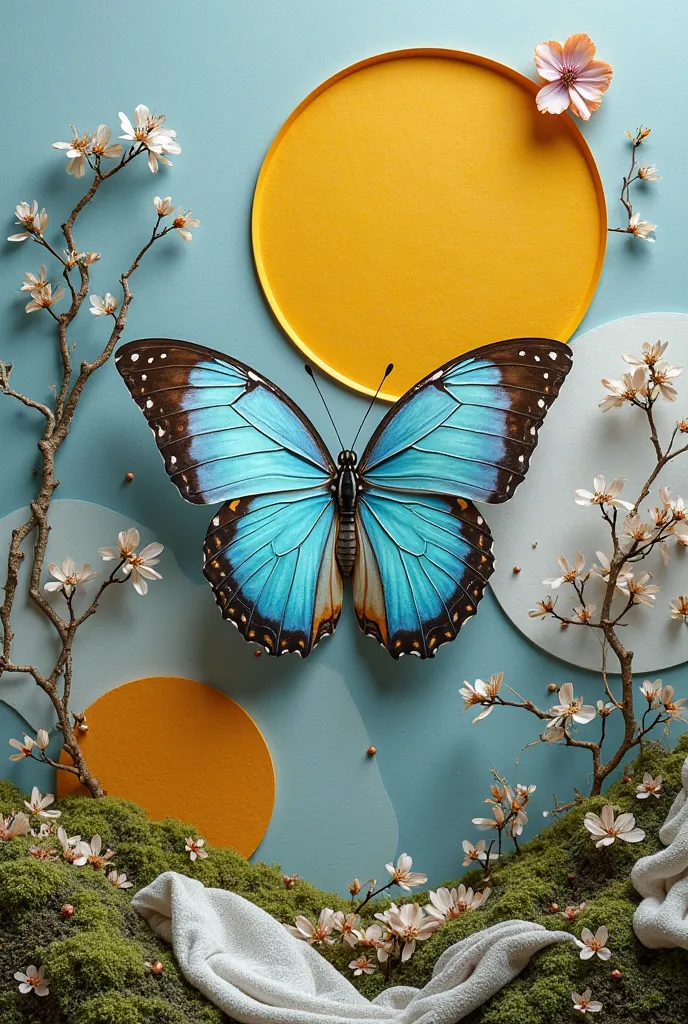 "Surreal artistic composition with a butterfly surrounded by a mix of vibrant geometric circles and fabrics, organic textures of moss and various plants. The text 'Jussara' is written in Portuguese, integrating into the scene. The composition mixes element...