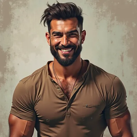 Turkish handsome bearded man smile viril tight shirt  plump  beefy dark skin 