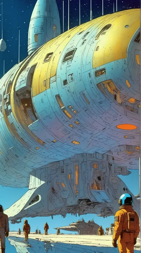 Moebius (Jean Giraud) Style - A picture by Jean Giraud Moebius, Spaceship in deep sky, Science fiction illustrations, Retro-future. Sci-fi illustrations , Impressive retro-future Spaceship, galaxy, Distant nebulas, in Moebius' signature style with sharp de...