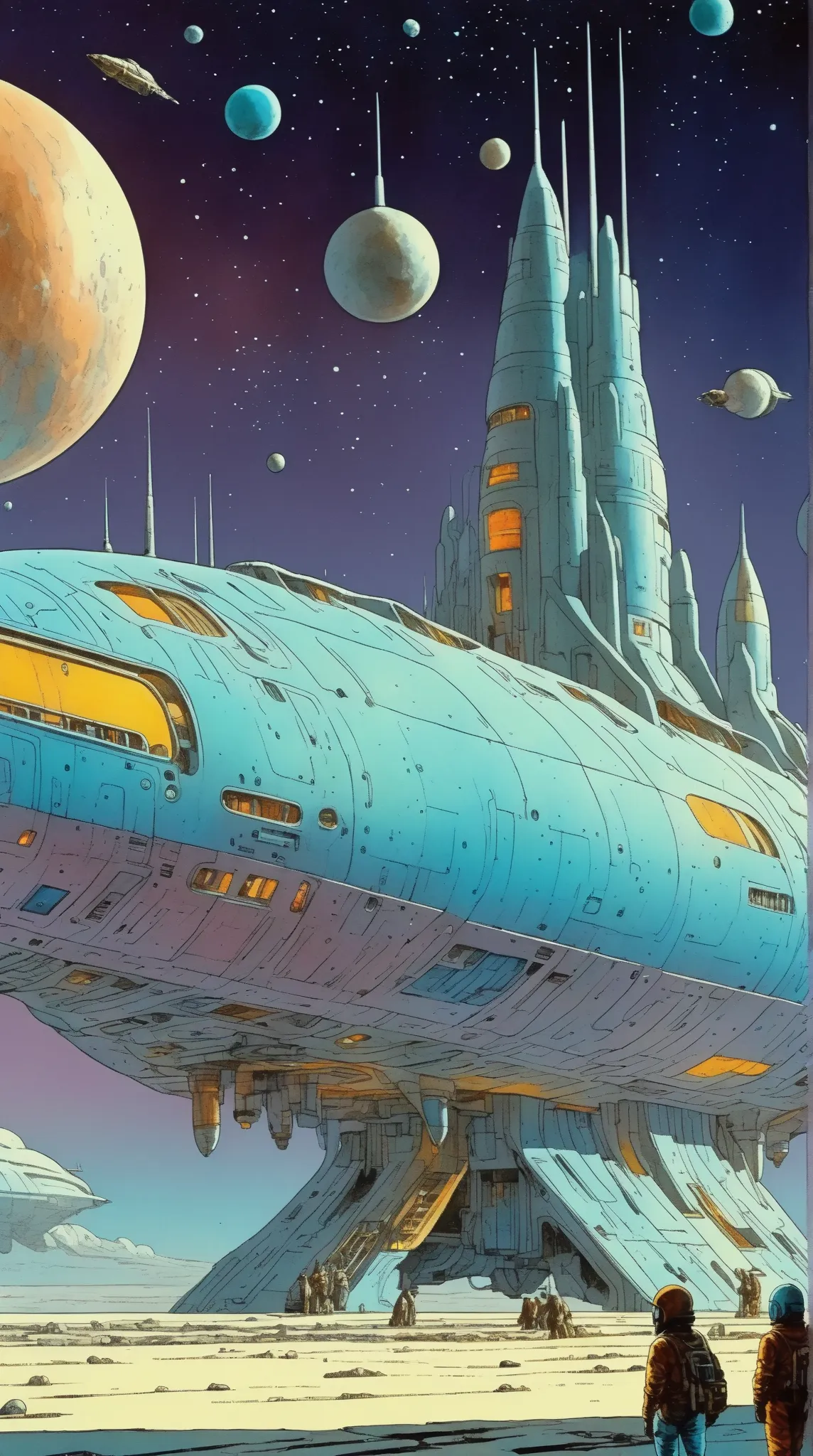 Moebius (Jean Giraud) Style - A picture by Jean Giraud Moebius, Spaceship in deep sky, Science fiction illustrations, Retro-future. Sci-fi illustrations , Impressive retro-future Spaceship, galaxy, Distant nebulas, in Moebius' signature style with sharp de...