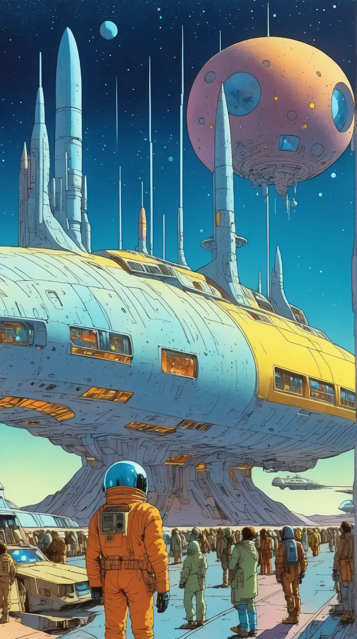 Moebius (Jean Giraud) Style - A picture by Jean Giraud Moebius, Spaceship in deep sky, Science fiction illustrations, Retro-future. Sci-fi illustrations , Impressive retro-future Spaceship, galaxy, Distant nebulas, in Moebius' signature style with sharp de...