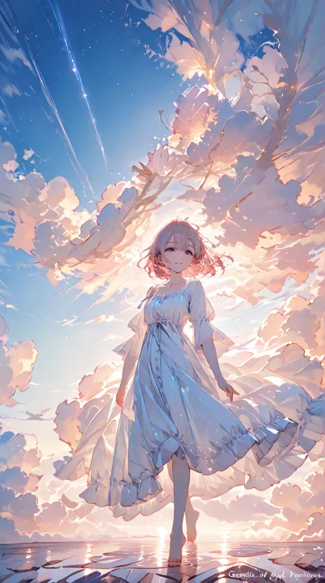 Blue sky full of clouds, beautiful girl , white dress,Soulful eyes, gentle smile,Delicate appearance, Dreamy Atmosphere , Natural pose ,Light filled environment, beautiful scenery ,Professional illustration,high resolution,4K,Vibrant colors, rich details ,...