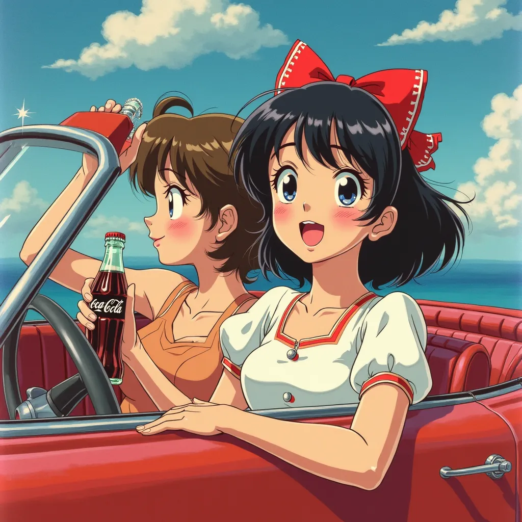 une publicite de coca cola dans les année 80 et 90 deux belle fille de loing qui bois de la coca cola dans leur belle voiture cabriolet "dessin animé" manga japon 8k QUALITÉ PROFESSIONNELLE