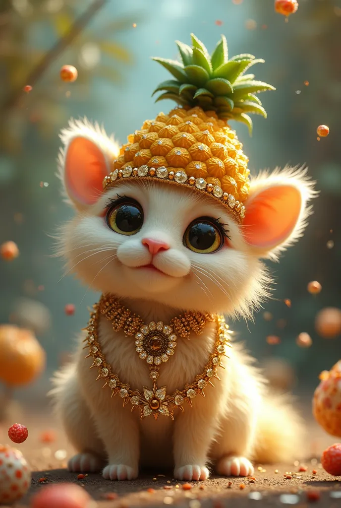 a fluffy animal with big eyes, on his head a hat in the form of a pineapple, sprinkled with gold jewelry, a lot of glitter