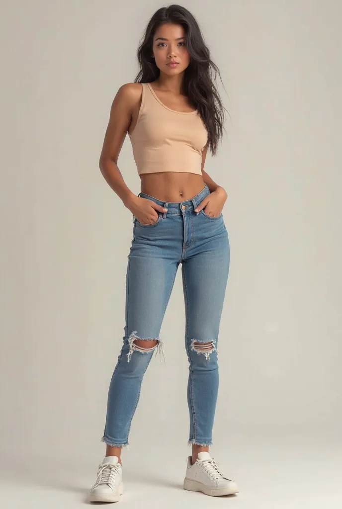 She is in cropped top and jeans