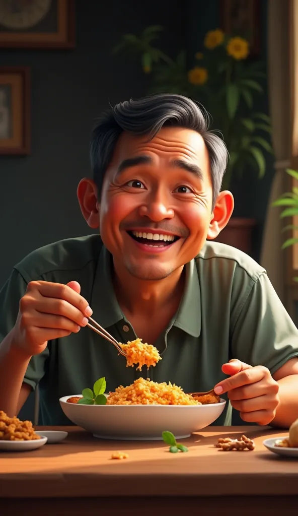 Filipino man eating food while happy 