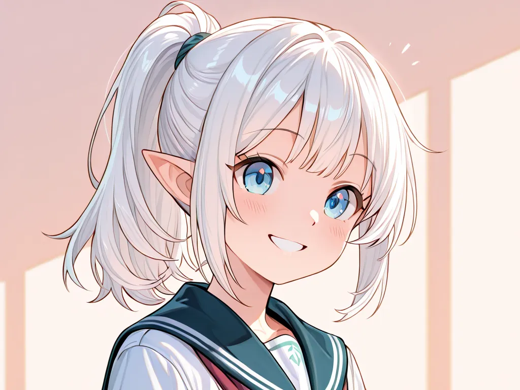 girl, Eves,  school uniform , Pointed ears, cute,  white hair,  ponytail, smile, 