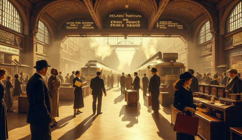 grand vintage Parisian train station from the 1930s, exuding opulence and elegance. The scene is filled with natural light streaming through massive arched windows, casting soft golden hues across the interior. The architecture is stunningly detailed, feat...