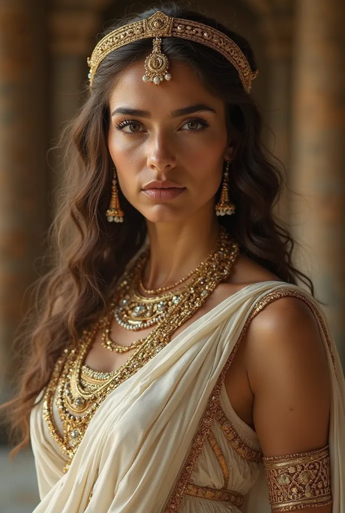 The most beautiful queen of ancient Greece, with a beautiful face and body, spectacular body, facing the viewer, full body costume inspired by Cleopatra, very elegant stone details, gold and white color, crown in her hair, Cinematography of lighting, perfe...