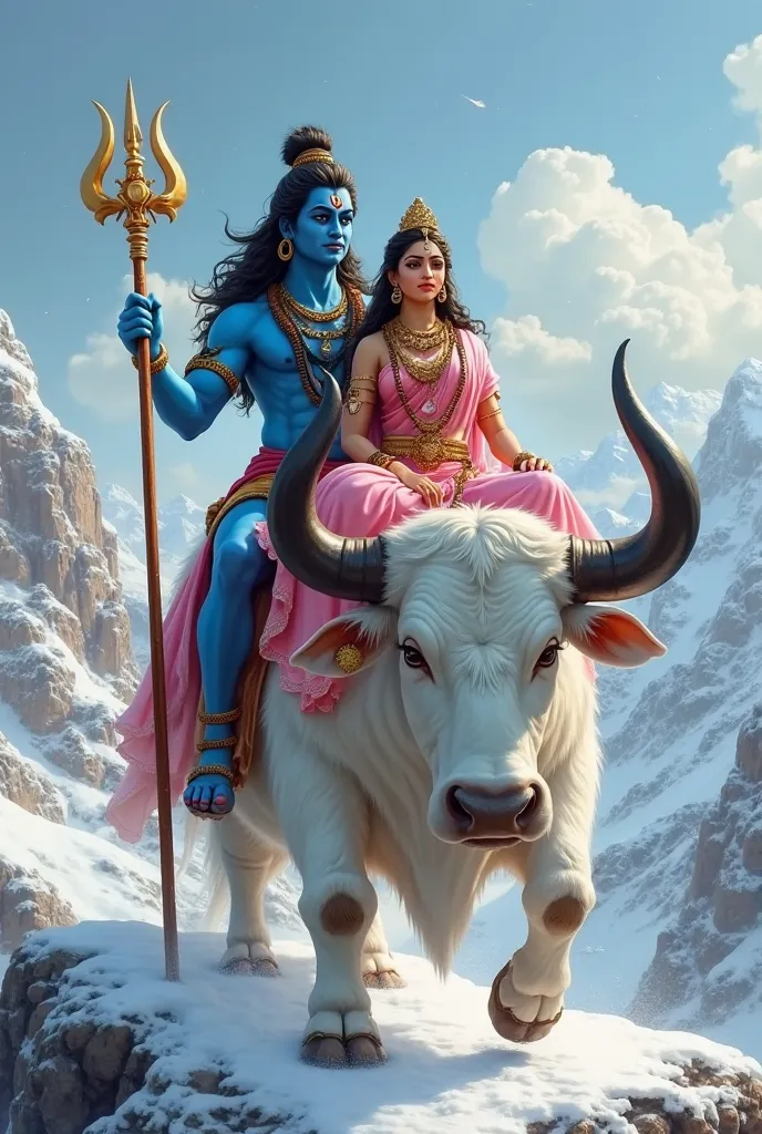 Hindu gods shiv and parvati, both sitting full body on the big white bull with big black horns, god shiv blue skin with matted hairs, holding trident, goddess parvati wearing pink saree with gold jewellery, in the snowy mountains