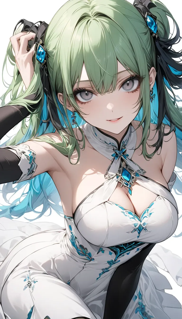 8k resolution, Masterpiece, Master work, perfect proportion, semi realistic, from bottom, 1woman, busty, breasts apart:1.2, small face, scary and beautiful, mad green hair:1.3, gray eyes, empty expression:1.2, The art style is modern and elegant, outlines ...