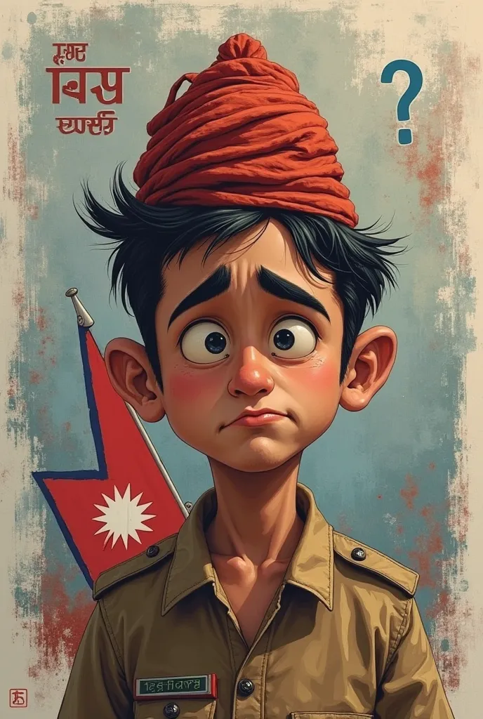 Make me a thumbnail for my youtube channel where a nepali young man seem sad wearing dhaka topi. Because he couldn't pass the loksewa exam . In the background write why loksewa aayog and question markin nepali language. Along with nepali flags 